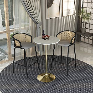 LeisureMod Verve 27" Bar Height Dining Table with MDF Round Top in Gold Steel, Light Natural Wood