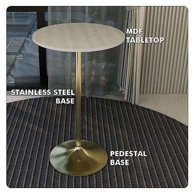 LeisureMod Verve 27" Bar Height Dining Table with MDF Round Top in Gold Steel, Light Natural Wood