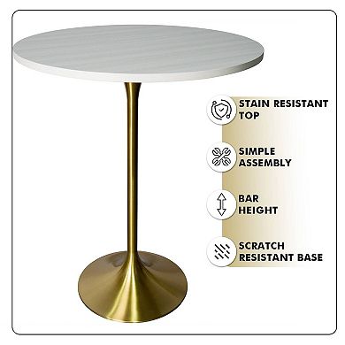 LeisureMod Verve 27" Bar Height Dining Table with MDF Round Top in Gold Steel, Light Natural Wood