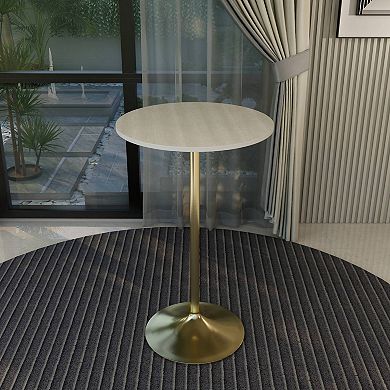 LeisureMod Verve 27" Bar Height Dining Table with MDF Round Top in Gold Steel, Light Natural Wood