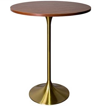 LeisureMod Verve 27" Bar Height Dining Table with MDF Round Top in Gold Steel, Light Natural Wood