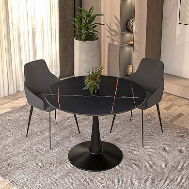 LeisureMod Round Dining Table 40" Sintered Stone Tabletop in Black Steel Bistro Series