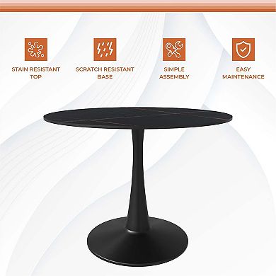 LeisureMod Round Dining Table 40" Sintered Stone Tabletop in Black Steel Bistro Series