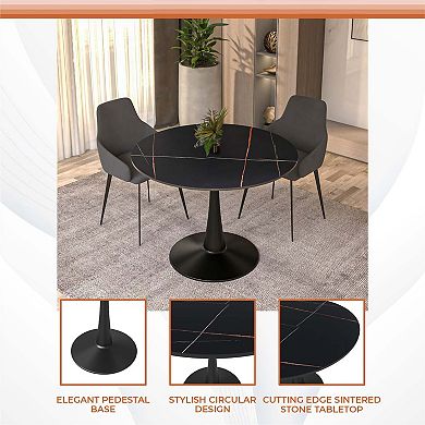 LeisureMod Round Dining Table 40" Sintered Stone Tabletop in Black Steel Bistro Series