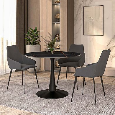 LeisureMod Round Dining Table 40" Sintered Stone Tabletop in Black Steel Bistro Series