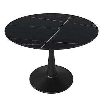 LeisureMod Round Dining Table 40" Sintered Stone Tabletop in Black Steel Bistro Series