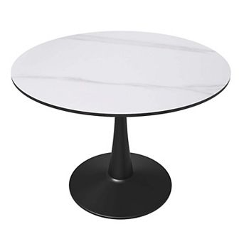 LeisureMod Round Dining Table 40" Sintered Stone Tabletop in Black Steel Bistro Series