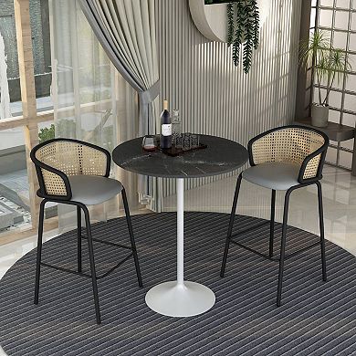 LeisureMod Verve 36" Bar Height Dining Table with MDF Round Top in White Steel, Black Marbleized