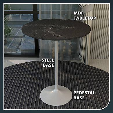 LeisureMod Verve 36" Bar Height Dining Table with MDF Round Top in White Steel, Black Marbleized