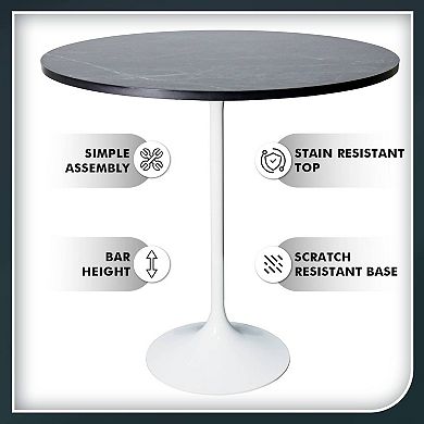 LeisureMod Verve 36" Bar Height Dining Table with MDF Round Top in White Steel, Black Marbleized