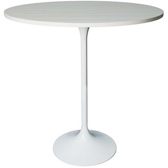 LeisureMod Verve 36" Bar Height Dining Table with MDF Round Top in White Steel, Light Natural Wood