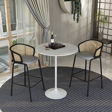 LeisureMod Verve 36" Bar Dining Table with Sintered Stone Round Top in White Steel, Marble White