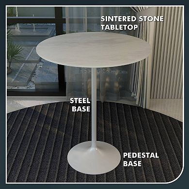 LeisureMod Verve 36" Bar Dining Table with Sintered Stone Round Top in White Steel, Marble White