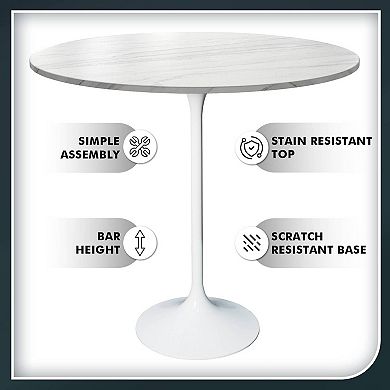 LeisureMod Verve 36" Bar Dining Table with Sintered Stone Round Top in White Steel, Marble White