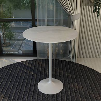 LeisureMod Verve 36" Bar Dining Table with Sintered Stone Round Top in White Steel, Marble White