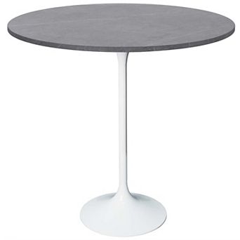 LeisureMod Verve 36" Bar Dining Table with Sintered Stone Round Top in White Steel, Marble White