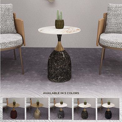 LeisureMod Oslo Side Table Round Sintered Stone with Stainless Steel Base