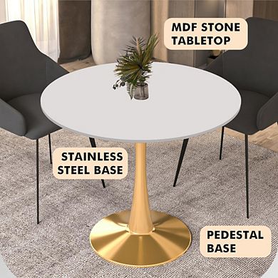 LeisureMod Round Dining Table 35" MDF Wood Tabletop in Gold Steel Bistro Series