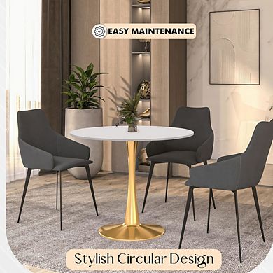 LeisureMod Round Dining Table 35" MDF Wood Tabletop in Gold Steel Bistro Series