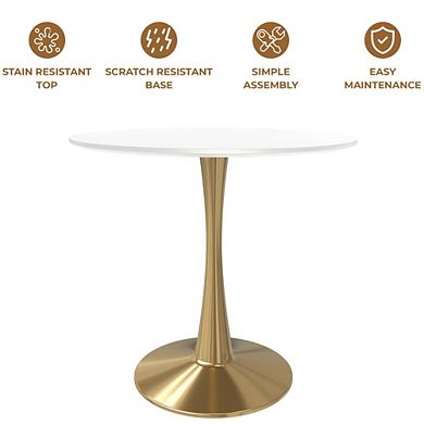 LeisureMod Round Dining Table 35" MDF Wood Tabletop in Gold Steel Bistro Series