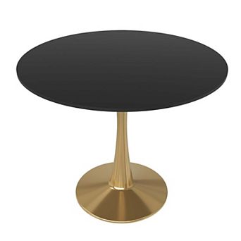 LeisureMod Round Dining Table 35" MDF Wood Tabletop in Gold Steel Bistro Series