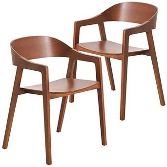 Dining Chair in Oak Wood with Open Back Design and Armrests Set of 2 Rivo Series