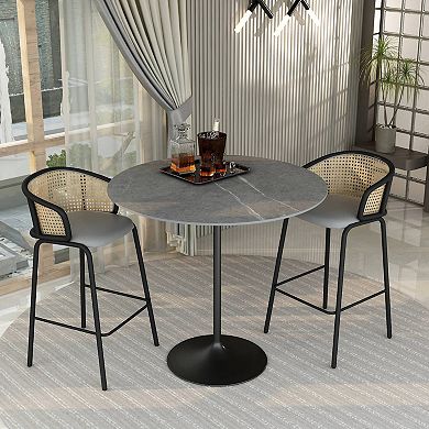 LeisureMod Verve 48" Bar Dining Table with Sintered Stone Round Top in Black Steel, Marble Grey