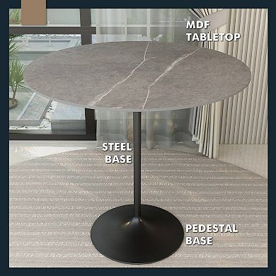 LeisureMod Verve 48" Bar Dining Table with Sintered Stone Round Top in Black Steel, Marble Grey