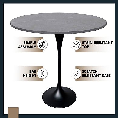 LeisureMod Verve 48" Bar Dining Table with Sintered Stone Round Top in Black Steel, Marble Grey