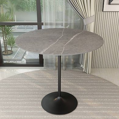 LeisureMod Verve 48" Bar Dining Table with Sintered Stone Round Top in Black Steel, Marble Grey