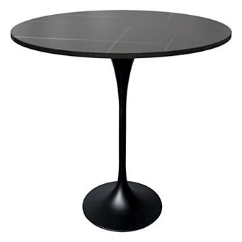 LeisureMod Verve 48" Bar Dining Table with Sintered Stone Round Top in Black Steel, Marble Grey