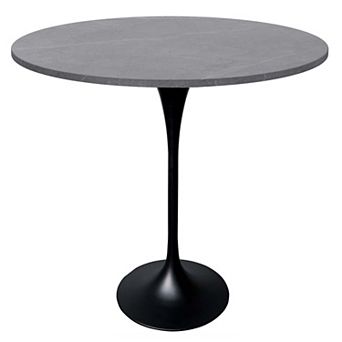 LeisureMod Verve 48" Bar Dining Table with Sintered Stone Round Top in Black Steel, Marble Grey