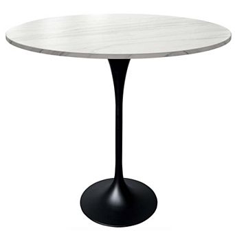 LeisureMod Verve 48" Bar Dining Table with Sintered Stone Round Top in Black Steel, Marble Grey