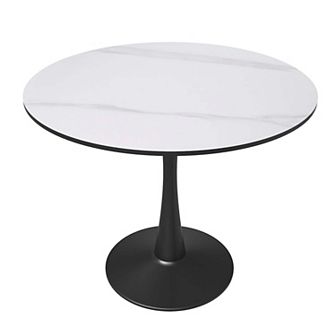 LeisureMod Round Dining Table 31" Sintered Stone Tabletop in Black Steel Bistro Series