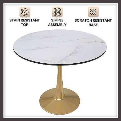 LeisureMod Round Dining Table 31" MDF Wood Tabletop in Gold Steel Bistro Series