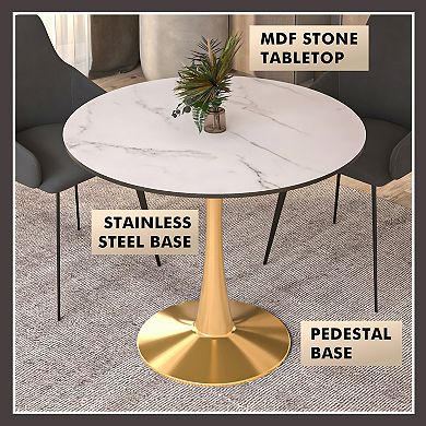 LeisureMod Round Dining Table 31" MDF Wood Tabletop in Gold Steel Bistro Series