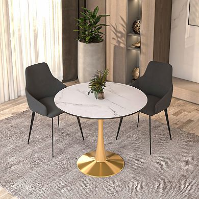 LeisureMod Round Dining Table 31" MDF Wood Tabletop in Gold Steel Bistro Series