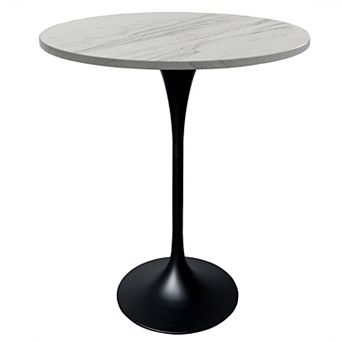 LeisureMod Verve 36" Bar Dining Table with Resin Round Top in Black Steel, White Marbleized