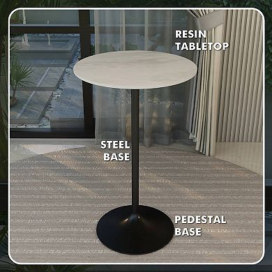 LeisureMod Verve 36" Bar Dining Table with Resin Round Top in Black Steel, White Marbleized