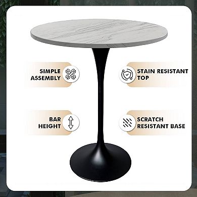 LeisureMod Verve 36" Bar Dining Table with Resin Round Top in Black Steel, White Marbleized