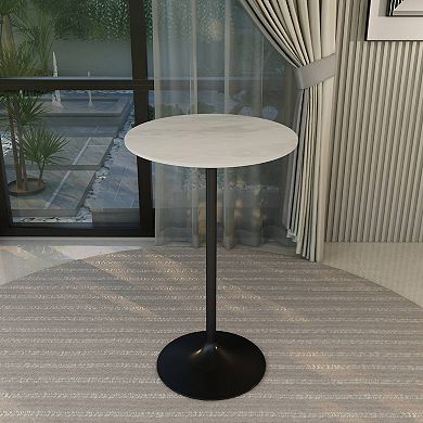 LeisureMod Verve 36" Bar Dining Table with Resin Round Top in Black Steel, White Marbleized