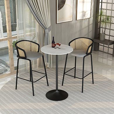 LeisureMod Verve 27" Bar Dining Table with Sintered Stone Round Top in Black Steel, Marble White