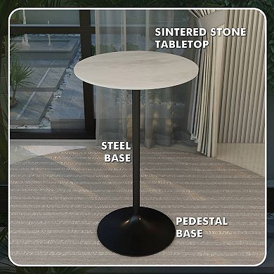 LeisureMod Verve 27" Bar Dining Table with Sintered Stone Round Top in Black Steel, Marble White