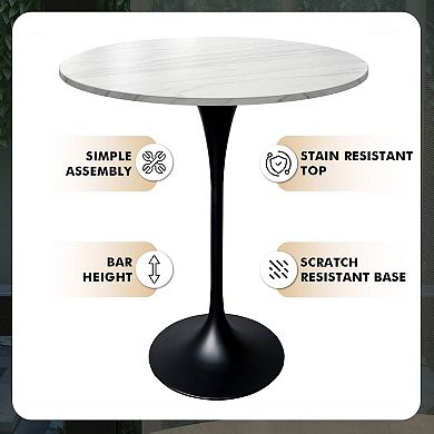 LeisureMod Verve 27" Bar Dining Table with Sintered Stone Round Top in Black Steel, Marble White