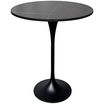 LeisureMod Verve 27" Bar Dining Table with Sintered Stone Round Top in Black Steel, Black Marbleized