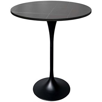 LeisureMod Verve 27" Bar Dining Table with Sintered Stone Round Top in Black Steel, Marble White