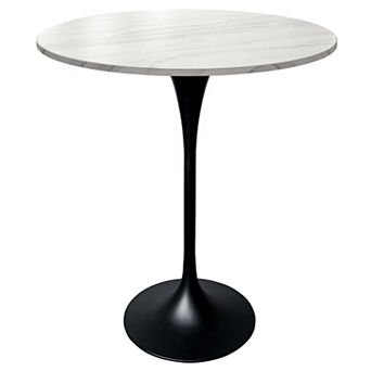 LeisureMod Verve 27" Bar Dining Table with Sintered Stone Round Top in Black Steel, Marble White