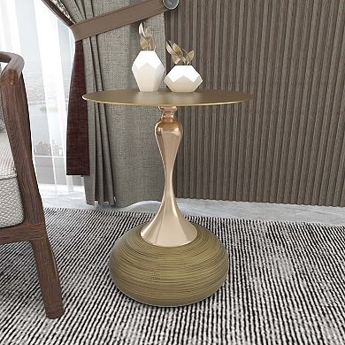 LeisureMod Savoy Side Table with Gold Round Stainless Steel Top and Pedestal Base