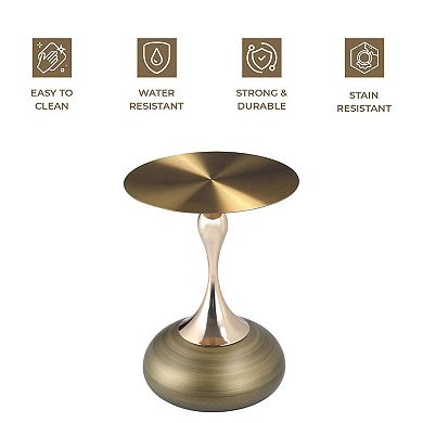 LeisureMod Savoy Side Table with Gold Round Stainless Steel Top and Pedestal Base