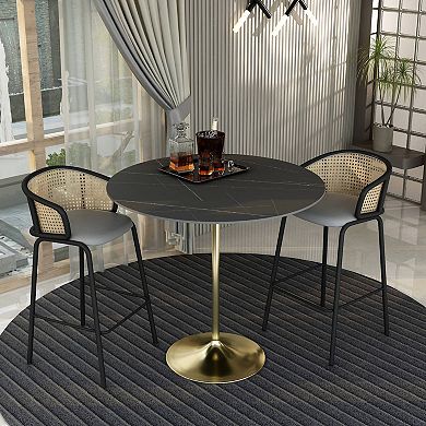 LeisureMod Verve 48" Bar Dining Table with Sintered Stone Round Top in Gold Steel, Gold Marbleized